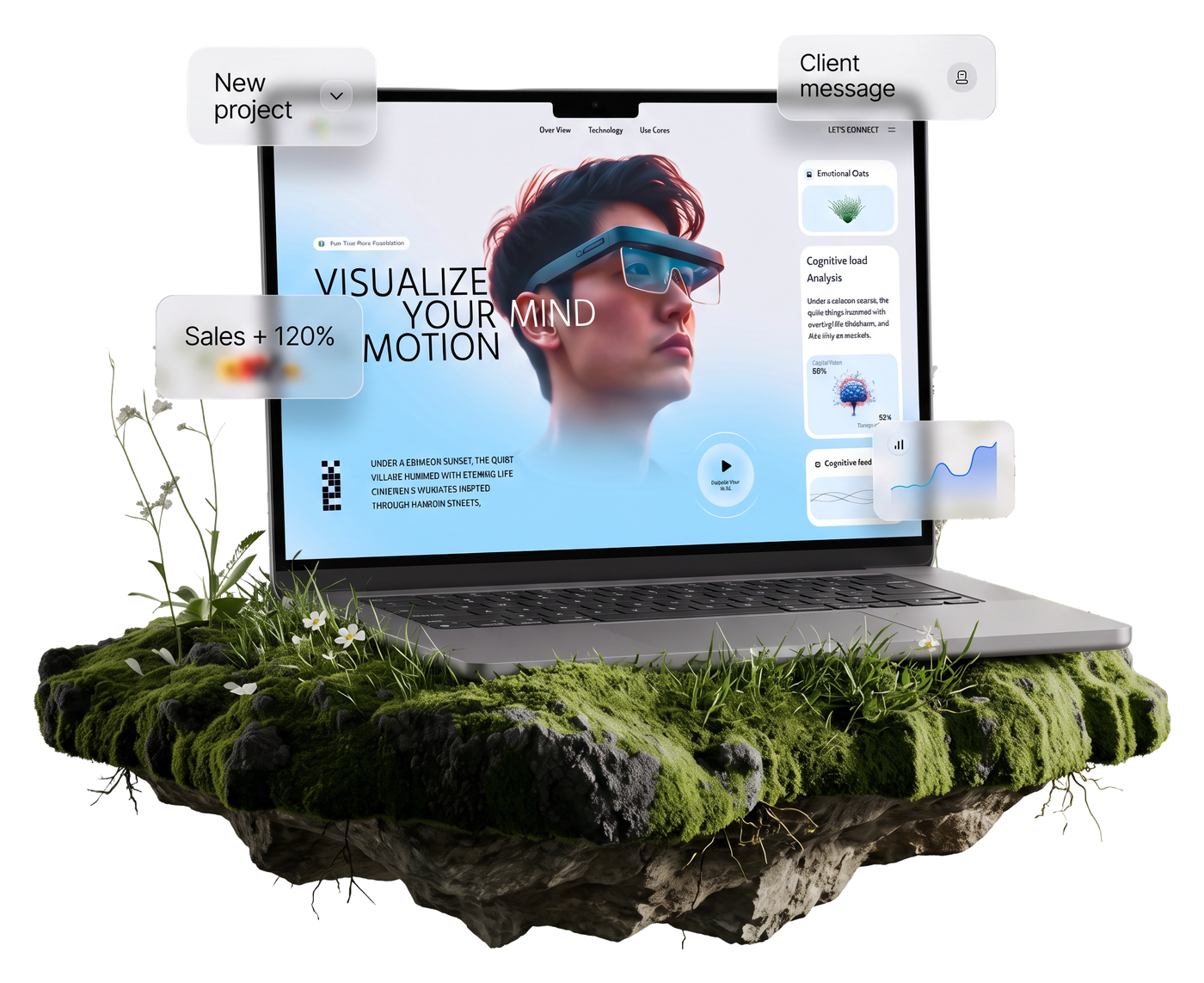 Photorealistic laptop on a moss-covered stone island with five interface details emerging from its screen