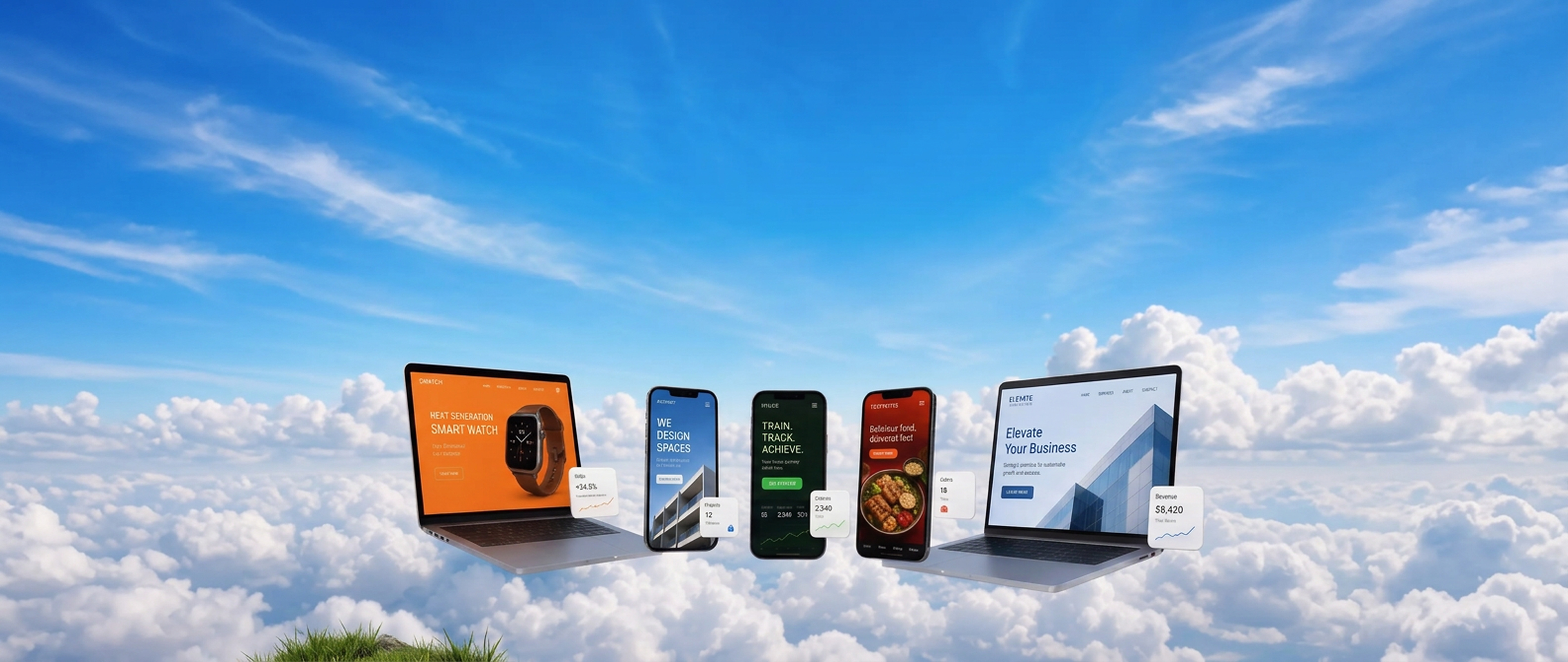 Floating laptops and phones presenting colorful websites